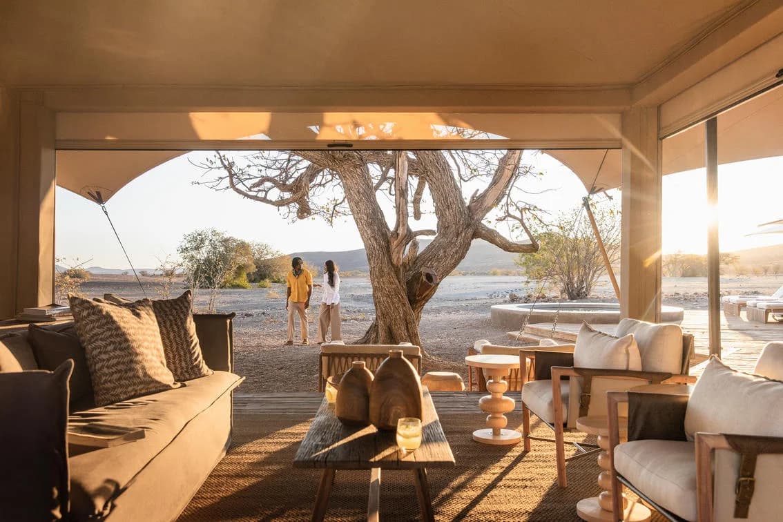 Desert Rhino Camp – open lounge area under canvas