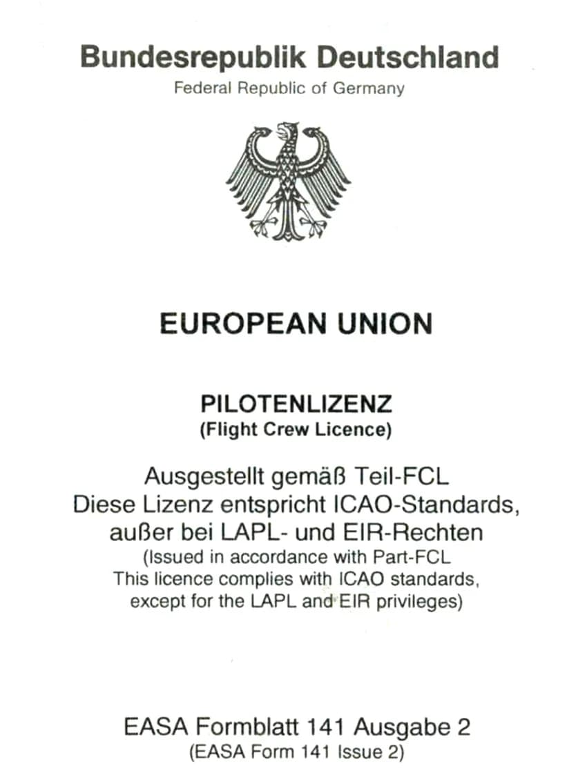 Cover page of a German pilot licence issued under EASA Part-FCL