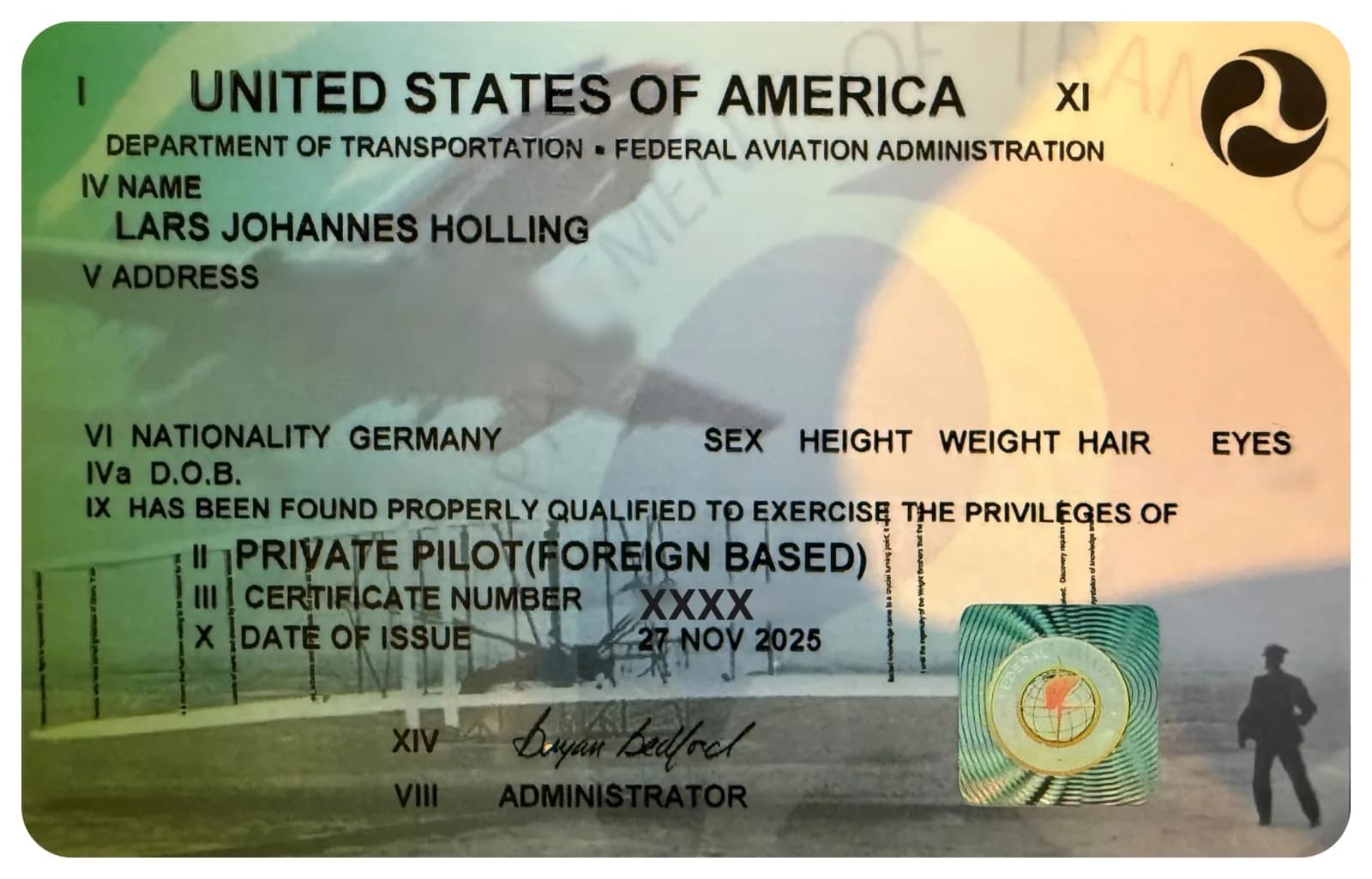 FAA pilot certificate reading Private Pilot (Foreign Based), issued on 27 November 2025