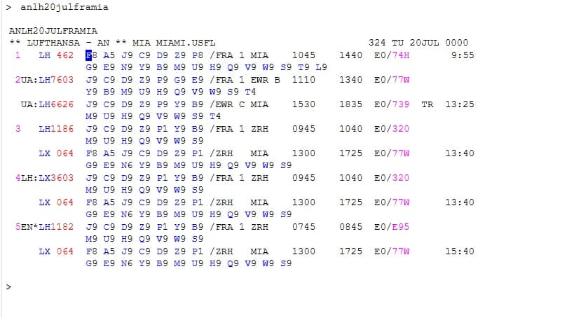 Availability display in the reservation system showing several connections from Frankfurt to Miami