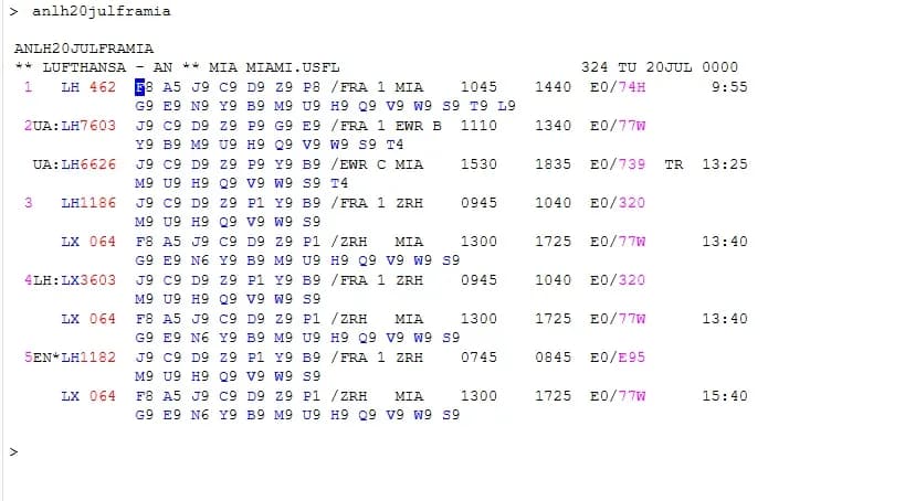 Availability display in the reservation system showing several connections from Frankfurt to Miami