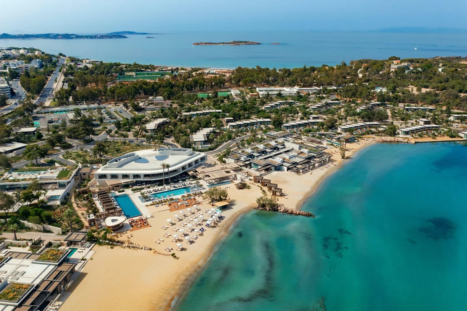 The beach of the One&Only Aesthesis on the Athens Riviera from above