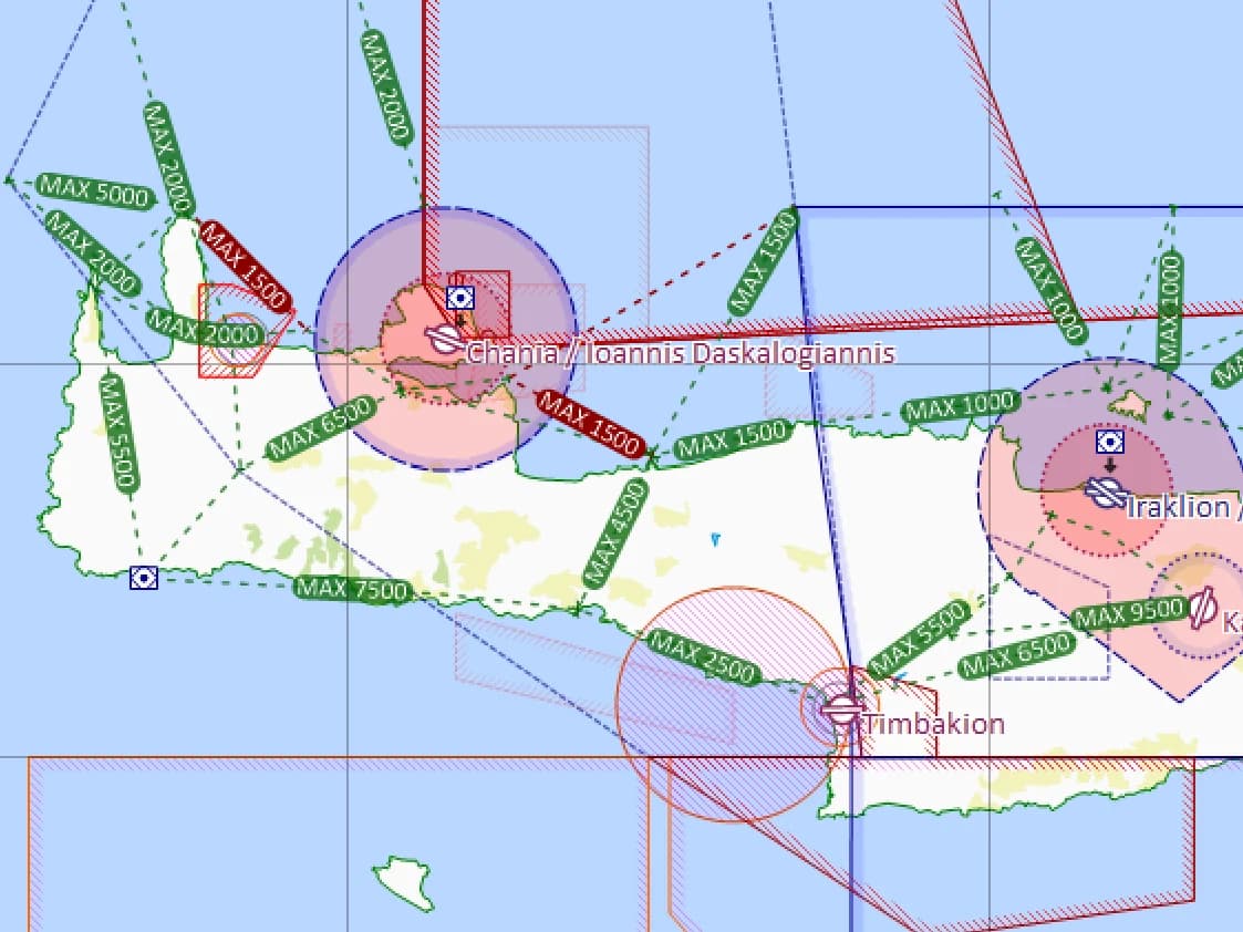 SkyDemon airspace chart of western Crete with Chania and Heraklion airports