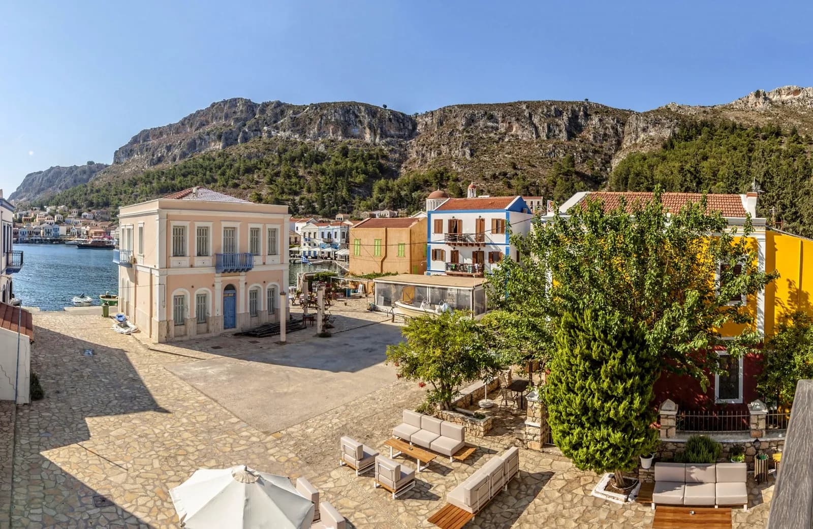 Poseidon Hotel Kastellorizo – view across the harbour square