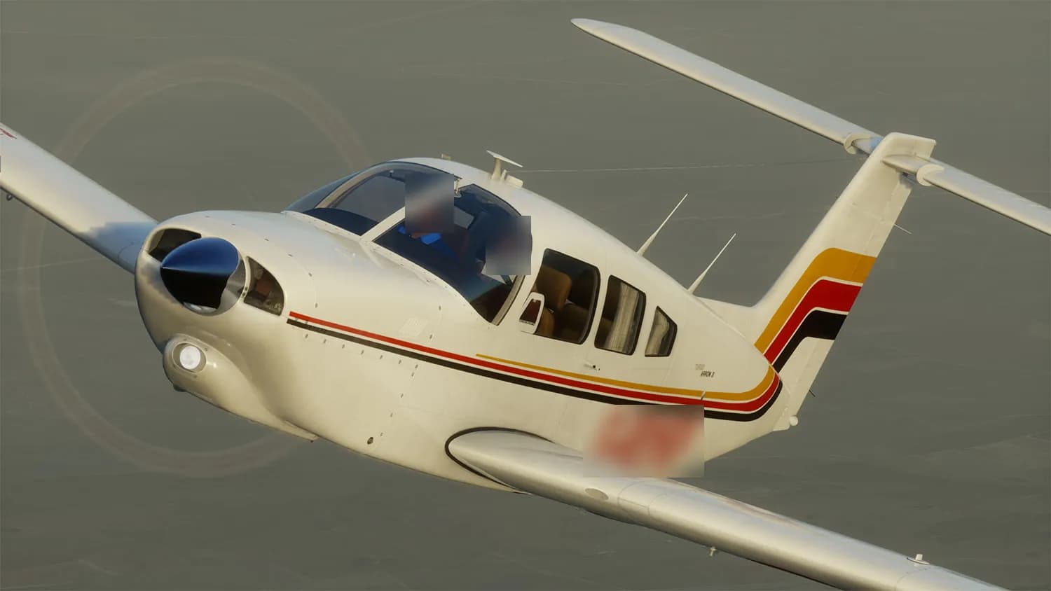 Piper PA-28 in flight, looking into the cockpit and cabin