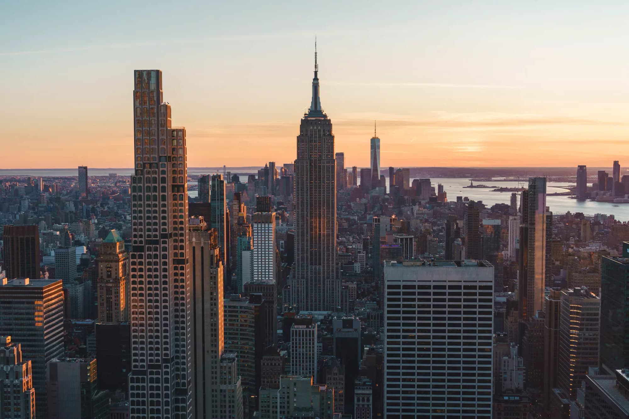 The Manhattan skyline in the evening light with the Empire State Building